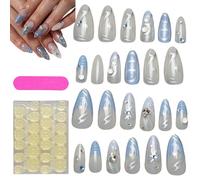 Uñas falsas azules, uñas de color azul claro | 24 piezas de diseños de plata uñas acrílicas, pegatinas de manicura, suministros de belleza para teléfono móvil para mujeres, pegar en accesorios falsos