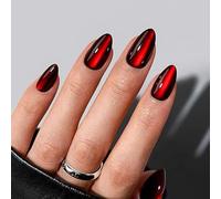 Uñas falsas cortas MouyouGlow,Almendra Oscuro Rojo Oscuro Cat Eye Magnetic Design Brillantini Christmas Short Press on Nails,Dark Wine Red Ojos de Gato Phototherapy INS New Year XMAS Fake Nails