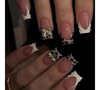 Uñas largas con diseño de manicura francesa, estampado de leopardos, lazos 3D y uñas pastel dulces, arte para mujer, uñas postizas francesas