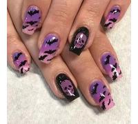 Uñas Para Fiesta De Halloween Con Misteriosos Patrones Calavera Murciélago ABS Y Puntas Negras Fácil Aplicación ABS Press On