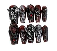 Uñas Postizas 10 piezas de uñas dulces, frescas, oscuras, hechas a mano, for vestir, estrellas, ríos, cataratas, parches artísticos for, Ángel escarlata, falso for Halloween(Color-1-M)