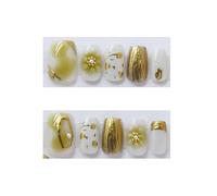 Uñas Postizas 10 Uds. De flores de ciruelo que caen en la nieve con perlas, ojos gato, prensado las uñas, parche artístico falso hecho a mano desmontable(Gold-XS)