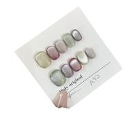 Uñas postizas 10 uñas postizas cortas hechas a mano, color verde claro, estilo ojo de gato, decoración pura de bailarina, uñas postizas de cobertura total.(15-XS)