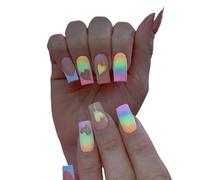 UñAs Postizas 24 piezas de uñas postizas cuadradas con diseño corazón amor y arcoíris degradado for manicura, cobertura completa, puntas desmontables, a presión(W510)
