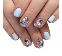 UñAs Postizas 24 uñas postizas cuadradas cortas y sencillas de color azul con diseños flores, for usar, cobertura total(209)