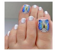 Uñas Postizas 24P Fake Toenails With Glue French Line Glitter False Toe Nails Art Detachable Press On Toenails Acrylic Butterfly ToeNails Tips(Color5)