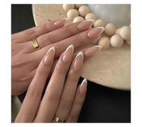 Uñas Postizas 24Pcs Glitter French Fake Nails Oval Shape Press on Nails Short White French Almond False Nails Wearable Full Cover Nail Tips(Color-5)