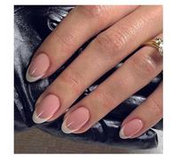 Uñas Postizas 24Pcs Glitter French Fake Nails Oval Shape Press on Nails Short White French Almond False Nails Wearable Full Cover Nail Tips(Color-9)