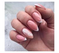 Uñas Postizas 24Pcs Glitter French Fake Nails Oval Shape Press on Nails Short White French Almond False Nails Wearable Full Cover Nail Tips(Color-1)