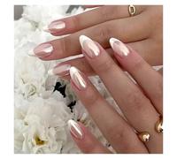 Uñas Postizas 24Pcs Glitter French Fake Nails Oval Shape Press on Nails Short White French Almond False Nails Wearable Full Cover Nail Tips(Color21)