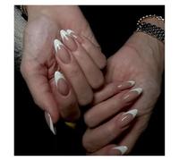 Uñas Postizas 24Pcs Glitter French Fake Nails Oval Shape Press on Nails Short White French Almond False Nails Wearable Full Cover Nail Tips(Color10)