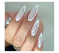 Uñas Postizas 24Pcs Glitter French Fake Nails Oval Shape Press on Nails Short White French Almond False Nails Wearable Full Cover Nail Tips(Color14)