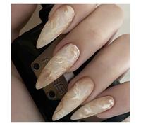 Uñas Postizas 24Pcs Mid-length False Nails with Almond Head Design Brown Gold Lines Fake Nails Oval Wearable French Press on Nail Tips(Color7)