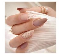 Uñas Postizas 24Pcs Mid-length False Nails with Almond Head Design Brown Gold Lines Fake Nails Oval Wearable French Press on Nail Tips(Color2)