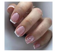 Uñas Postizas 24Pcs Nude White French Fake Nail Short Square Nail Tips Fashion Wearable False Nails with Glue Simple Full Cover Press on Nails(Color8)