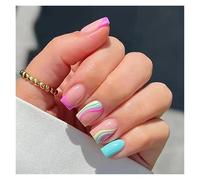 Uñas Postizas 24Pcs Nude White French Fake Nail Short Square Nail Tips Fashion Wearable False Nails with Glue Simple Full Cover Press on Nails(Color2)