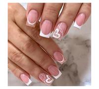 Uñas Postizas 24Pcs Nude White French Fake Nail Short Square Nail Tips Fashion Wearable False Nails with Glue Simple Full Cover Press on Nails(Color6)