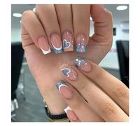 Uñas Postizas 24Pcs Nude White French Fake Nail Short Square Nail Tips Fashion Wearable False Nails with Glue Simple Full Cover Press on Nails(Color7)