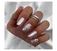 Uñas Postizas 24pcs Short Round False Nails French Blue Sparkling Pearl White Wavy Love Heart Full Cover Detachable Press On Nail Tips(Color32)