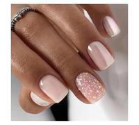 Uñas Postizas 24pcs Short Round False Nails French Blue Sparkling Pearl White Wavy Love Heart Full Cover Detachable Press On Nail Tips(Color25)