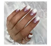 Uñas Postizas 24pcs Short Round False Nails French Blue Sparkling Pearl White Wavy Love Heart Full Cover Detachable Press On Nail Tips(Color12)