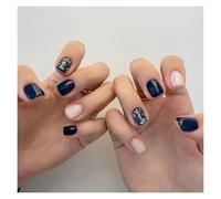 Uñas Postizas 24pcs Short Round False Nails French Blue Sparkling Pearl White Wavy Love Heart Full Cover Detachable Press On Nail Tips(Color5)