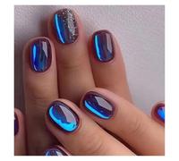 Uñas Postizas 24pcs Short Round False Nails French Blue Sparkling Pearl White Wavy Love Heart Full Cover Detachable Press On Nail Tips(Color10)