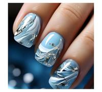 Uñas Postizas 24pcs Short Round False Nails French Blue Sparkling Pearl White Wavy Love Heart Full Cover Detachable Press On Nail Tips(Color4)