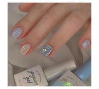 Uñas Postizas 24pcs Short Round False Nails French Blue Sparkling Pearl White Wavy Love Heart Full Cover Detachable Press On Nail Tips(Color1)