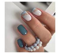 Uñas Postizas 24pcs Short Round False Nails French Blue Sparkling Pearl White Wavy Love Heart Full Cover Detachable Press On Nail Tips(Color26)