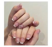 Uñas Postizas 24pcs Short Round False Nails French Blue Sparkling Pearl White Wavy Love Heart Full Cover Detachable Press On Nail Tips(Color3)