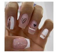 Uñas Postizas 24pcs Short Round False Nails French Blue Sparkling Pearl White Wavy Love Heart Full Cover Detachable Press On Nail Tips(Color19)