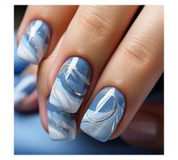 Uñas Postizas 24pcs Short Round False Nails French Blue Sparkling Pearl White Wavy Love Heart Full Cover Detachable Press On Nail Tips(Color22)