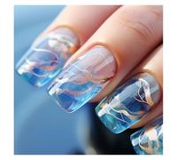Uñas Postizas 24pcs Short Round False Nails French Blue Sparkling Pearl White Wavy Love Heart Full Cover Detachable Press On Nail Tips(Color9)