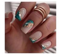 Uñas Postizas 24pcs Short Round False Nails French Blue Sparkling Pearl White Wavy Love Heart Full Cover Detachable Press On Nail Tips(Color11)