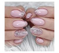 Uñas Postizas 24Pcs Short Round Head False Nails Glitter Pink Almond Fake Nails French Full Cover Press on Nails Wearable Nail Tips Manicure(Color1)
