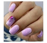 Uñas Postizas 24pcs Short Square French False Nails Purple Flower Gradient Fake Nails Full Cover Fake Nails Detachable Press on Nail Tips(01)