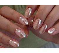 Uñas postizas 32 piezas cortas MouyouGlow, almendra Chrome Nudo Rosa Elegance Unicolore Mirror Glazed Design Calidad Short Shiny Press on Nails, Natural Pink Plain Pure Colour INS Estate Fake Nails