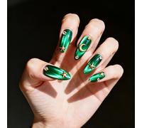 Uñas postizas a presión con forma de almendra, efecto ojo de gato, color verde, con diseño de manicura, decoración a presión