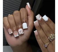 Uñas postizas a presión, con punta francesa, cuadradas, cubiertas completas, diseños de uñas acrílicas artificiales