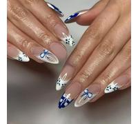 Uñas postizas a presión de almendra con diseño de arándanos y lazos, acabado brillante, accesorios de manicura, 24 unidades