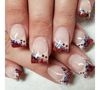Uñas postizas a presión de punta francesa, patrióticas, cortas y cuadradas, con diseños festivos para celebraciones del Día de la Independencia, desfiles, fiestas, fácil aplicación, reutilizables e