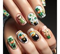 Uñas postizas a presión, diseño de trébol, uñas postizas francesas, uñas postizas acrílicas, uñas artificiales, uñas postizas cuadradas