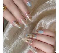 Uñas postizas a presión elegantes con forma de almendra con estilos Monets, diseño de flores de corazón, ABS, uñas postizas cortas ABS