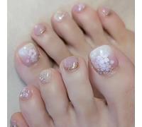 Uñas postizas a presión para el dedo del pie de verano, elegantes, decoración de uñas con diseño de flor degradada, ojo de gato, pedicura para mujeres y niñas, 24 piezas