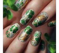 Uñas postizas ABS Diseño de purpurina dorada Uñas artificiales de forma cuadrada Ideal para actividades diarias Celebración Día de Patricio Diseño de trébol con purpurina dorada Falso cuadrado