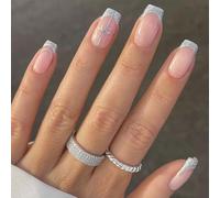 Uñas postizas acrílicas con punta francesa brillante de Navidad con diseños de copos de nieve, uñas artificiales de invierno para mujer, 24 unidades