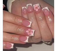 Uñas Postizas Adhesivas - 24 Piezas, Cuadradas Blancas Francesas con Flores en Relieve 3D, Con adhesivos de gelatina, lima de uñas y palito de naranjo, Kit de Manicura DIY