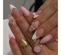 Uñas postizas almendra mediana 3D rosa con flor y punta francesa rosa helada 12 tamaños -30 Kit de uñas postizas acrílicas