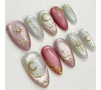 Uñas postizas almendra medianas Star Moon Uñas postizas Cat Eye 3D doradas metalizadas para mujer Regalos 12 tamaños - 30 unidades